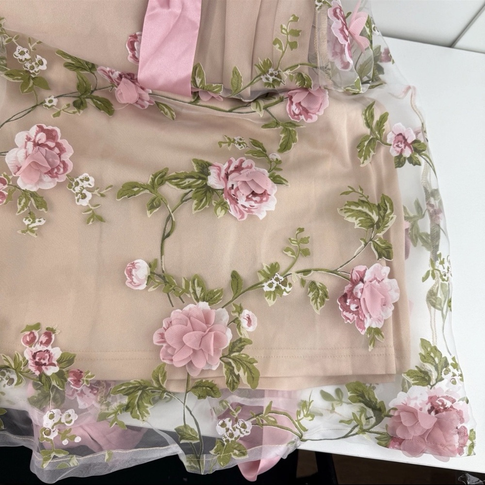 Lulu's Nude/Pink Floral Tie Strap Midi Dress Prom Wedding Guest Party Formal NEW - Picture 14 of 16